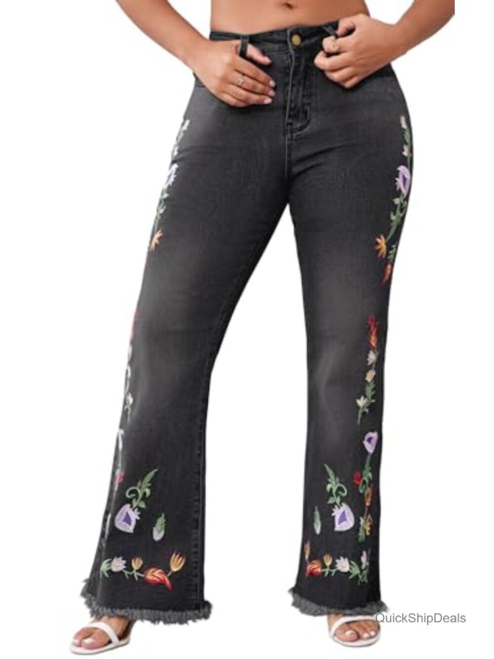 Womens Floral Embroidered High Rise Bell Bottom Flare Jeans Wide Leg Denim Pants